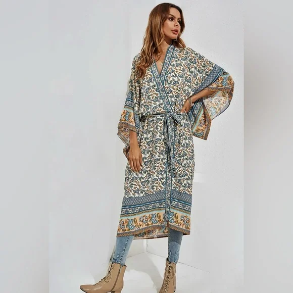 WORLD MARKET Floral Kimono with Blue and Tan Accents - Picture 1 of 17